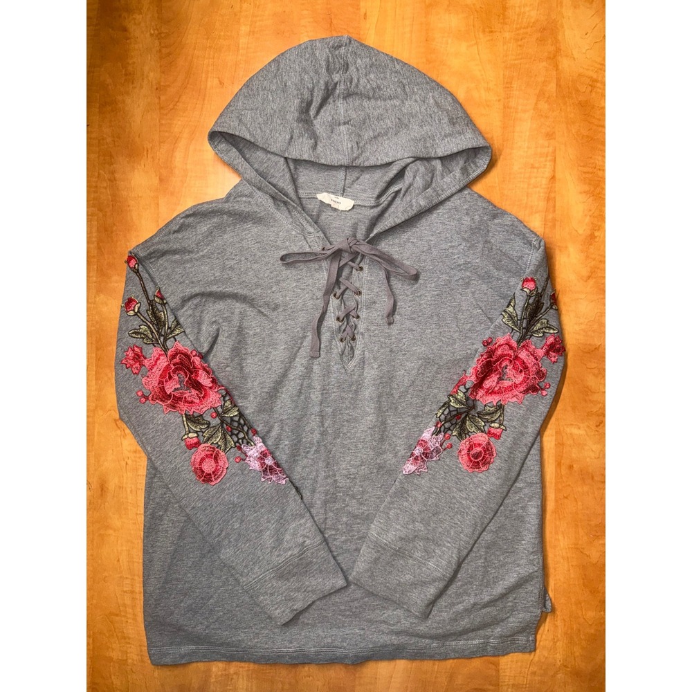 Entro Gray Floral Embroidered Lace Up Hoodie Sweatshirt Womens Medium T8413‎
